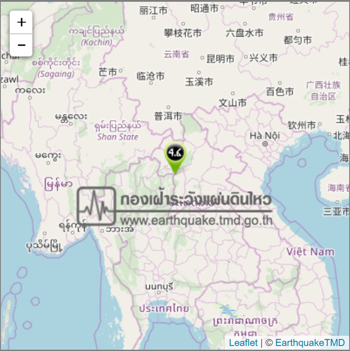 ラオス・タイ国境付近でM4.6の地震、震源の深さは3キロ