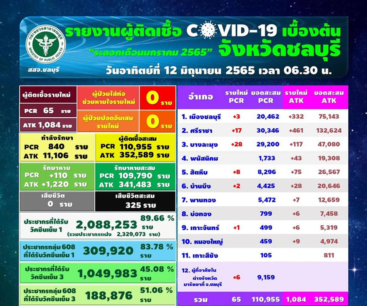 チョンブリ県65人陽性／ムアン3人／シラチャ17人／パタヤ28人［2022年6月12日］